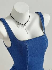 Elamini 时尚休闲修身A字牛仔连衣裙 - 中等水洗藍 - 查看 5