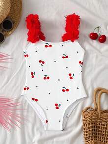 SHEIN Young Girl Cherry Blossom Print Swimsuit, Casual Vacation - Red and White - View 6