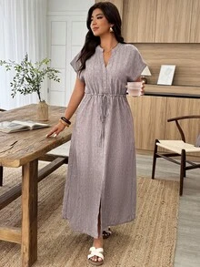 Weeklong Vestido holgado con cintura ceñida y abertura, para mujer talla grande, para vacaciones, primavera/verano - Marrón - Ver 5