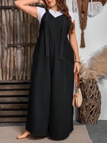 Breezaya Plus Size Striped Jumpsuit Dark Grey Woven Fabric Cropped Length With Pockets Casual Sleeveless Design - Dark Grey - View 4