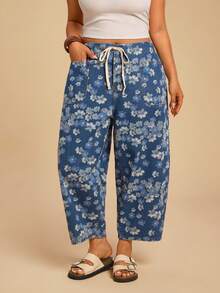 Travachic Quần jeans Harem dáng rộng dành cho nữ cỡ lớn, thích hợp mặc đi nghỉ mát và đi làm, họa tiết hoa, cạp chun, phối nhiều túi. - Rửa trung bình - Xem 7