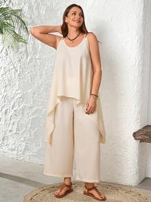 EMERY ROSE Women's Plus Size White Summer Smart Casual Vacation Outfit Sets,Solid Color Camisole & Pants 2 Pieces Set,Beach Peplum Spring Country Concert Outfit - Apricot - View 3