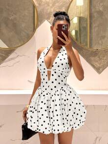 Slaydiva New Spring/Summer Elegant Sexy Polka Dot A-Line Flounce Hem Mini Dress, Suitable For Party, Birthday, Bar, Nightclub, Valentine's Day, Halloween, Christmas, Wedding, Date, Vacation, Cocktail ,Summer Dress - Black and White - View 7