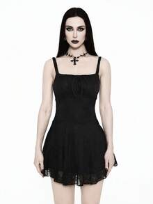 Glisette 女士时尚黑色蕾丝前系带吊带连衣裙 - 黑色 - 查看 4