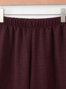 Lacomfia 2pcs/Set Casual Solid Color 3D Floral Decor Long Sleeve Loose Blouse And Elastic Waist Wide Leg Pants, Plus Size, Spring/Autumn - Maroon - View 3