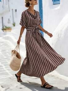 Breezaya 女士度假休闲优雅立领短袖系腰印花长连衣裙，棕色 - 棕色 - 查看 8