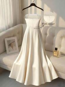 Franclia Women's Elegant Ruched Waist Dress With Faux Pearl Decor, Suitable For Parties And Events - Apricot - View 2