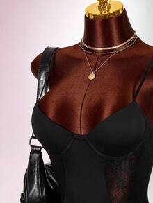 Amplova Valentine's Day Black Asymmetrical Cut-Out Sheer Lace Sexy Plunging Neck Mini Dress For Women - Black - View 1