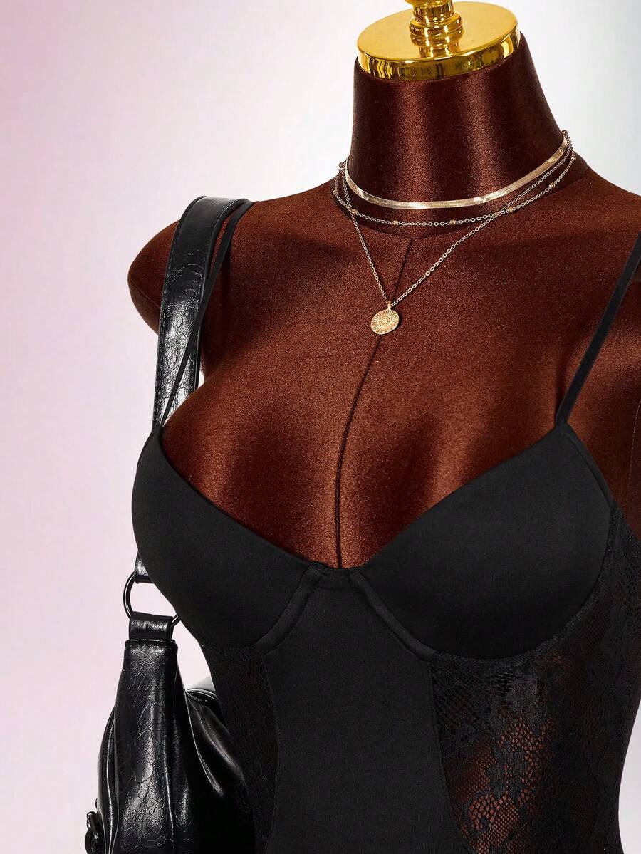 Amplova Valentine's Day Black Asymmetrical Cut-Out Sheer Lace Sexy Plunging Neck Mini Dress For Women - Black - View 1