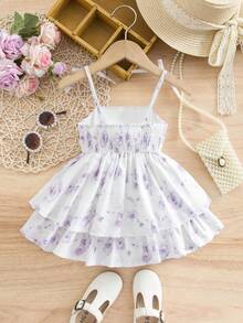 SHEIN 女婴优雅可爱白色碎花吊带荷叶边连衣裙 - 白色 - 查看 2