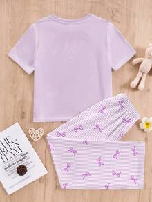 Purple Striped Bow Print, Tween Girls Casual Loungewear Set, Round Neck Short Sleeve Top And Loose Pants, 2pcs,Kids - Multicolor - View 3