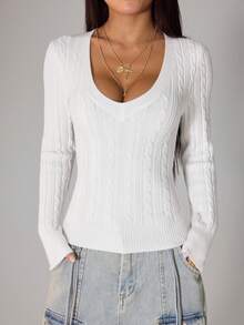 SHEIN PETITE Áo len cổ chữ V màu trắng dành cho nữ mùa thu đông, phong cách cổ điển Preppy Y2K, thích hợp mặc hàng ngày đi chơi, dự hội chợ thời Phục Hưng, câu lạc bộ. Áo len cổ chữ V sâu, áo dệt kim dài tay màu trắng. - trắng - Xem 8