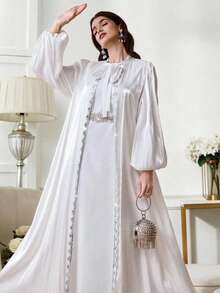 Al Najma Conjunto de bata de manga larga con decoración de rhinestones y vestido de cuello redondo sin mangas, estilo árabe abaya para mujer - Blanco - Ver 3