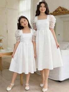 SHEIN Pitira Teen Girl's White Elegant Square Neck Gigot Sleeve Princess Dress With Ruffle Hem, Suitable For Weddings, Parties, Birthdays, Gatherings, White Dress For Women, White Elegant Dress, Puff Sleeve Dress,Kids - White - View 5