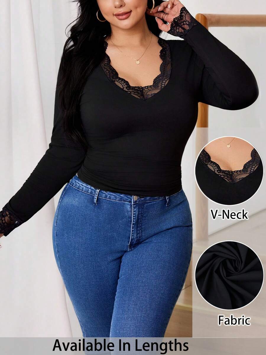 SHEIN Tall CURVE 大码女式撞色蕾丝长袖修身时尚T恤，蕾丝拼接蕾丝打底衫长袖蕾丝V领上衣，春季，情人节，优雅女式衬衫，黑色上衣 - 黑色 - 查看 1