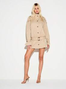 KIZN Belted Longline Trench Coat - Khaki - View 3