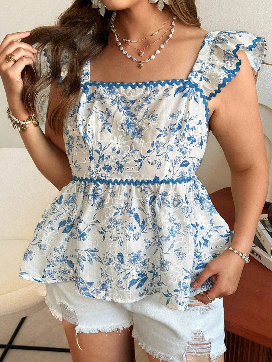 Ceyna 大码蓝色短袖收腰休闲优雅衬衫娃娃衫上衣夏季方领衬衫碎花上衣蓝色夏季上衣蓝色碎花上衣蓝白上衣刺绣印花上衣女士沙滩装保守上衣夏季娃娃衫女士上衣夏季可爱新款女士上衣夏季新品 - 藍色 - 查看 1