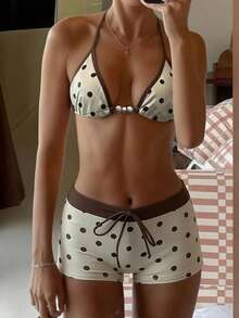 Bonvoyette Women's Beige Printed 2 Pieces Swimsuit Set, Vacation Style Beach Party Bestselling Sexy Bikini With Briefs - Multicolor - View 2