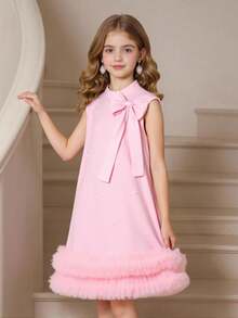 SHEIN Đầm công chúa mùa hè cho bé gái, cổ tròn, không tay, hai lớp vải lưới, đính hạt hình bướm. - Hồng - Xem 10