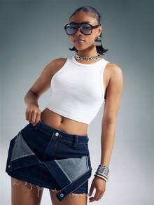 Denimoi Minifalda de mezclilla con dobladillo crudo y solapa delantera, atuendos de moda para conciertos, faldas sexys - Azul lavado oscuro - Ver 2