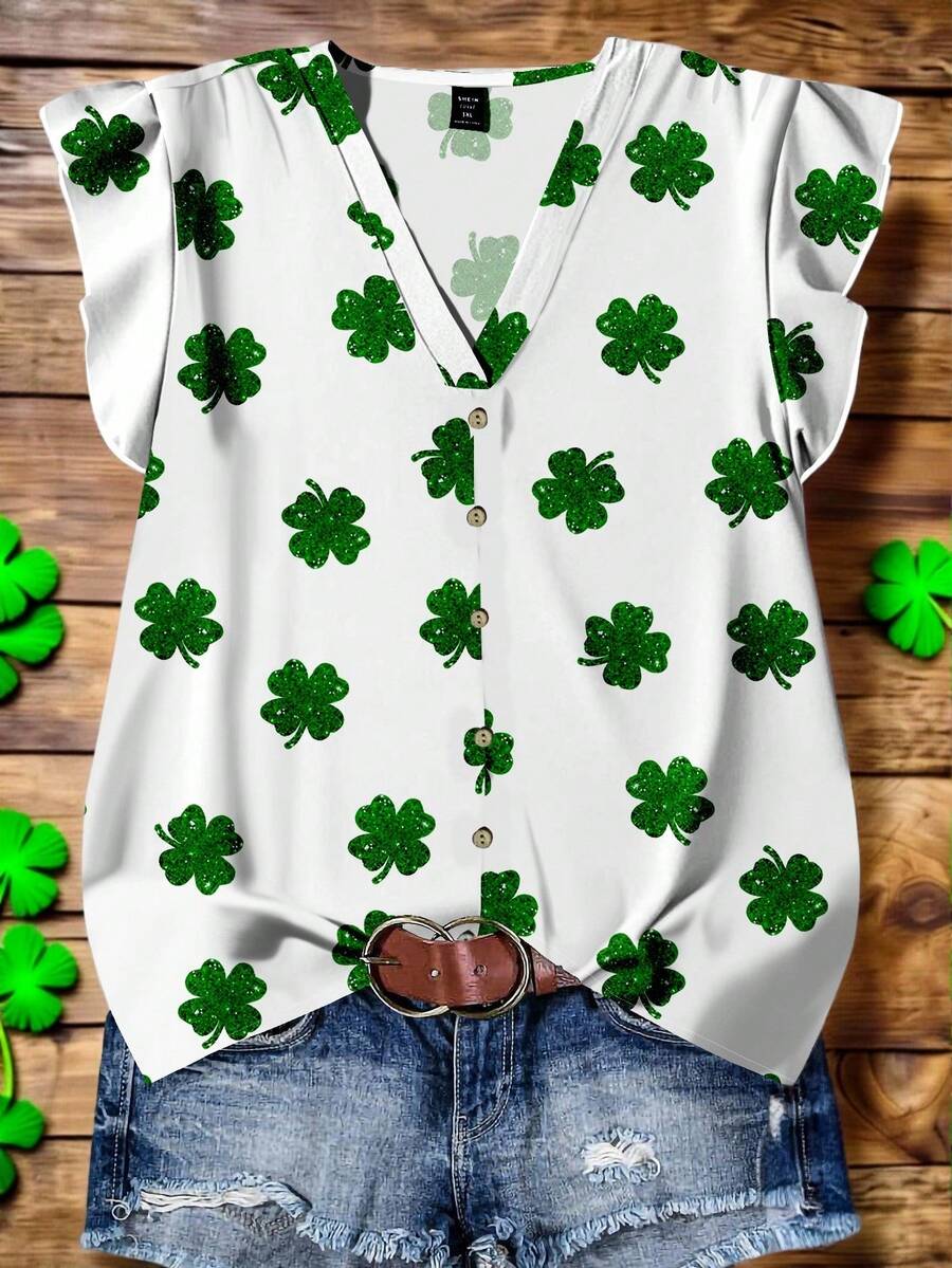 EMERY ROSE Plus Size Women Casual Clover Print Cap Sleeve Shirt, Suitable For Summer V Neck Blouses For Women - Multicolor - View 1
