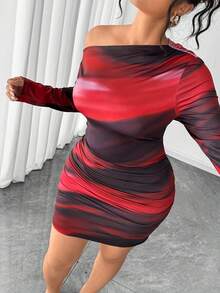 Elenzga Plus Size Women's Red Tie Dye Abstract Print One Shoulder Long Sleeve Bodycon Mini Dress,Dark Purple,Autumn,Classy,Night Out Club Ruched Elegant - Red - View 6