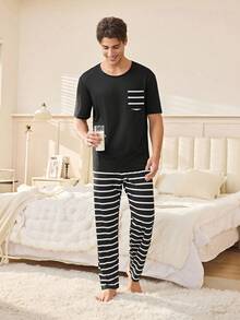 SHEIN Men's Striped Pocket Short Sleeve & Long Pants Casual Pajama Set - Black - View 5