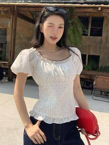 DAZY 女士撞色波点印花方领短袖衬衫夏季娃娃衫 - 白色 - 查看 4