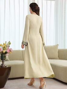 Al Najma Embroidered Lace Trim Splice Elegant Elegant Fashion Long Sleeve Modest Dress - Apricot - View 7