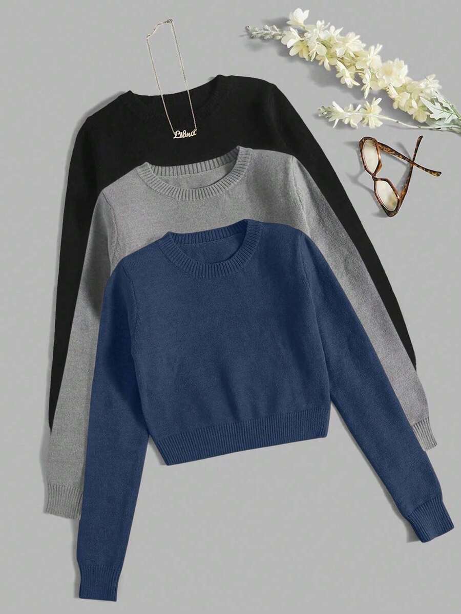 SHEIN LUNE 3pcs Casual Solid Color Cropped Sweater Set - Multicolor - View 1