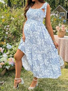 SHEIN Pregnant Women's Square Neck Ditsy Floral Sleeveless Casual Summer Dress - Blue and White - View 6