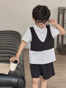 SHEIN Little Byeori Young Boys Casual Striped Shirt/Shorts 2 Pieces Set - Multicolor - View 5