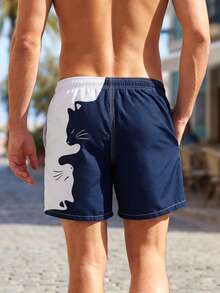 Horizaway Shorts de playa con bolsillo y estampado de color contrastante para hombres - Azul - Ver 8