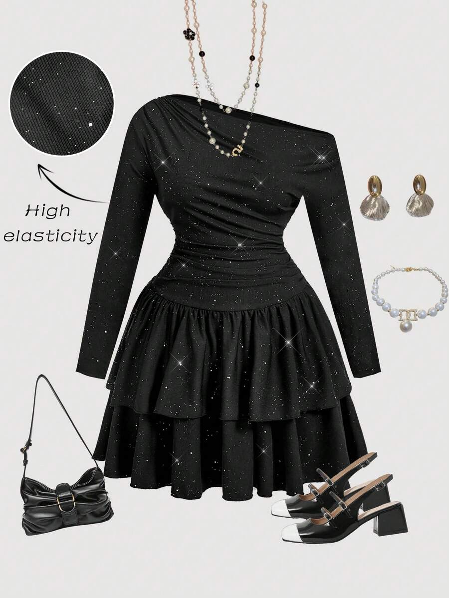 SHEIN MOD Plus Size Glitter Asymmetrical One Shoulder Cake Mini Dress,Long Sleeve Bodycon Black Autumn Girlism Night Out Club Starry Print Fitted Layered Dress - Black - View 1