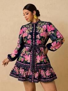 SHEIN TRVLCHIC Plus Size Women's Tropical Plant Print Long Sleeve Dress, Suitable For Holiday/Resort Wear, Autumn/Winter - Royal Blue - View 4
