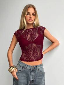 Aloruh 女士性感优雅圆领薄纱蕾丝短袖T恤 - 紫紅色 - 查看 7