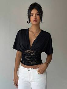 Aloruh Women's Sexy Deep V-Neck Loose Top With Tight Waist Ruched Lace Patchwork T-Shirt, Spring/Summer,Summer Top - Black - View 7