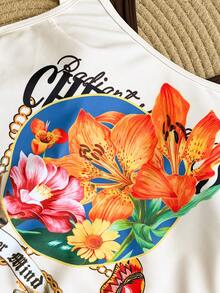 Swim Vcay Summer New Tropical Floral Print High Cut Side Tie Cute Beach Vacation Women Tank Top & Swimwear Set Crop Tops Floral Bikini Top Western Crop Tops Women Graphic Crop Tops Summer Holiday Tropical Bikini Set - Multicolor - View 7