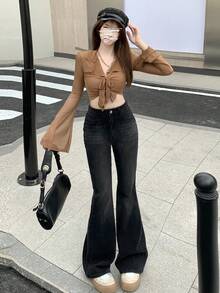 Dazy Designer 女式喇叭牛仔褲 - 深灰色 - 查看 3