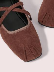 CUCCOO DOLLMOD Women's Shoes Dark Brown Square Toe Characteristic Pleated Suede Cross Strap Mary Jane Low Vamp Ballet Flats - Coffee Brown - View 5
