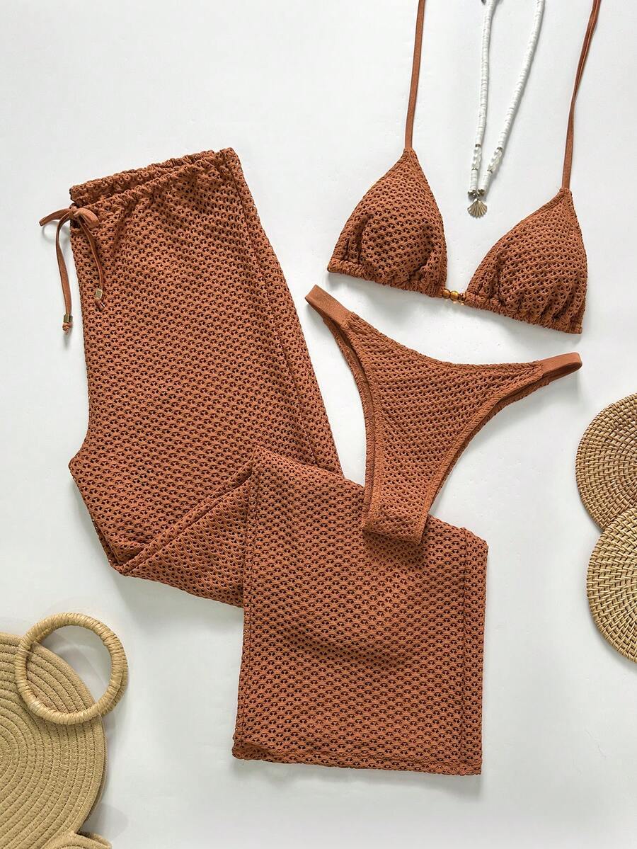 Swim Chiccia Women's Solid Color Knotted Camisole Bikini Set With Pants