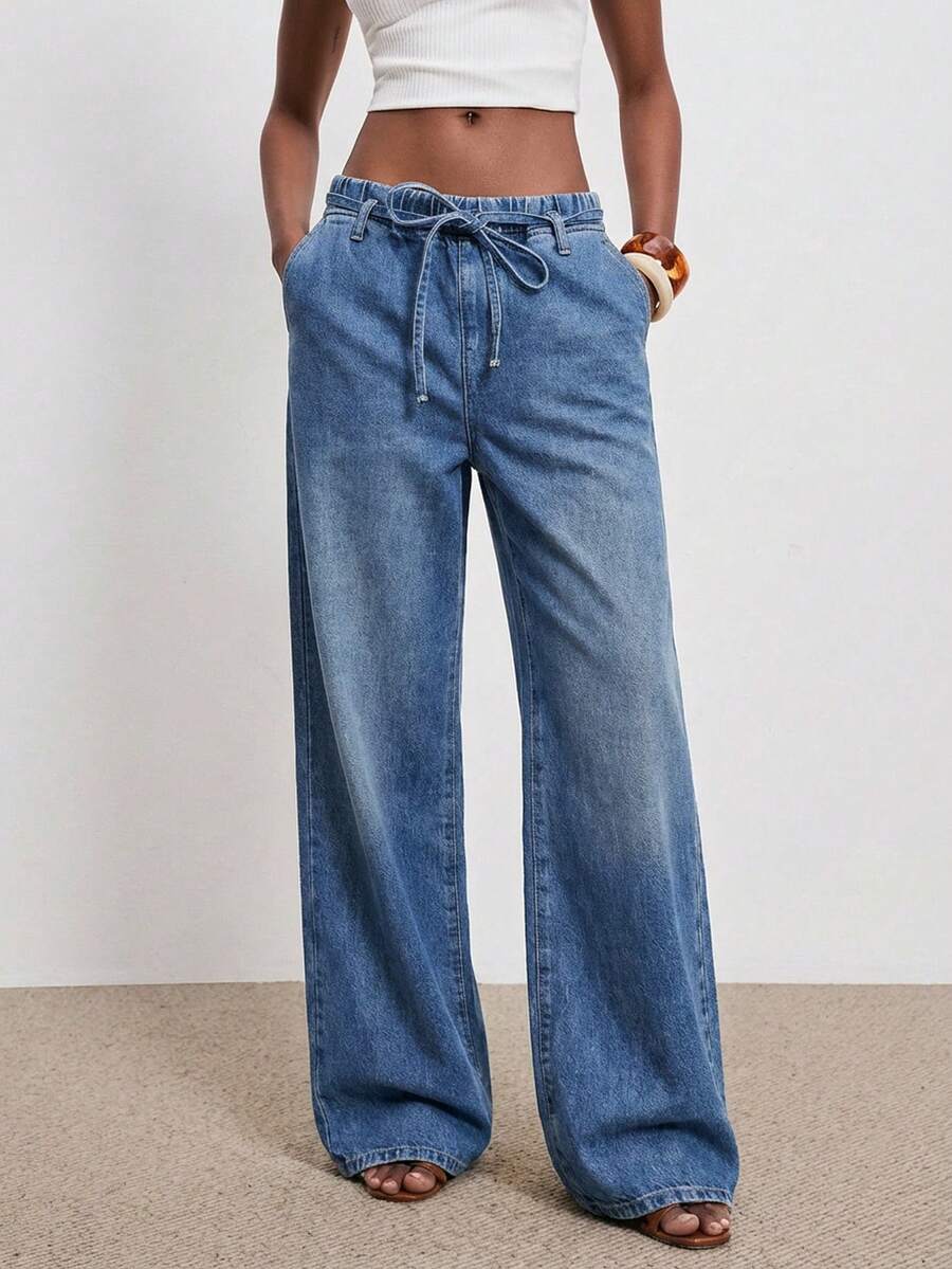 ATUI Studio 女士休闲日常水洗弹力腰宽松牛仔裤 - 藍色 - 查看 1