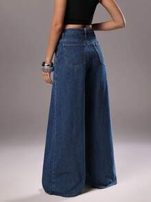 TRNVIE Women's Pocketed Button Pleated Casual Versatile Daily Wear Wide Leg Jeans - Medium Wash - View 2