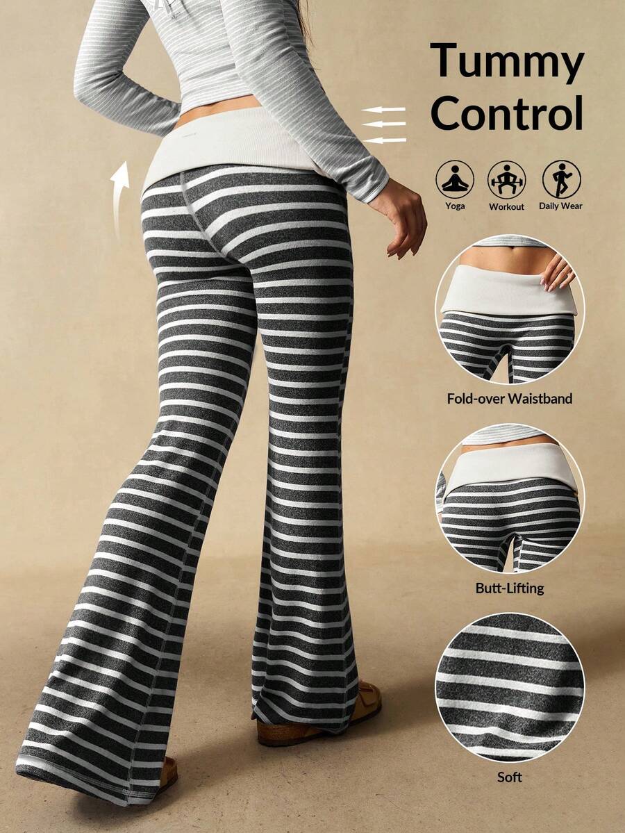 VARSIVA Quần ống loe kẻ sọc dáng rộng dành cho nữ, có cạp gập xuống, kiểu legging. - Đen và trắng - Xem 1