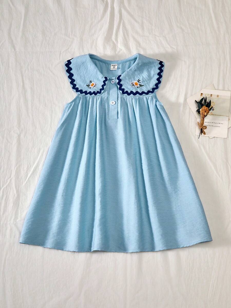 SHEIN Vintaside Kids 女童彼得潘领无袖褶皱优雅休闲夏季连衣裙 - 藍色 - 查看 1