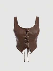 SHEIN MOD Plus Size Women's Eyelet Buttons Asymmetrical Hem Front Tie Matte Premium Leather Tank Top,Tank Top Wearable Inside And Outside - Brown - View 1