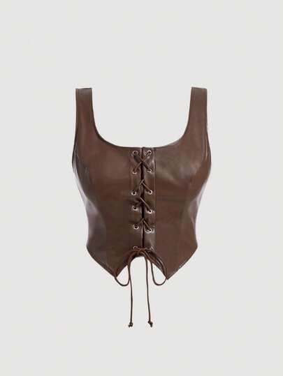 SHEIN MOD 大码女式孔眼纽扣不对称下摆前系带哑光优质皮革背心，背心可内外穿着