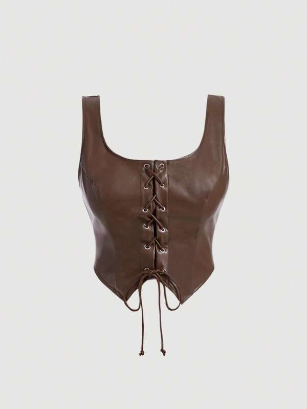 SHEIN MOD 大码女式孔眼纽扣不对称下摆前系带哑光优质皮革背心，背心可内外穿着