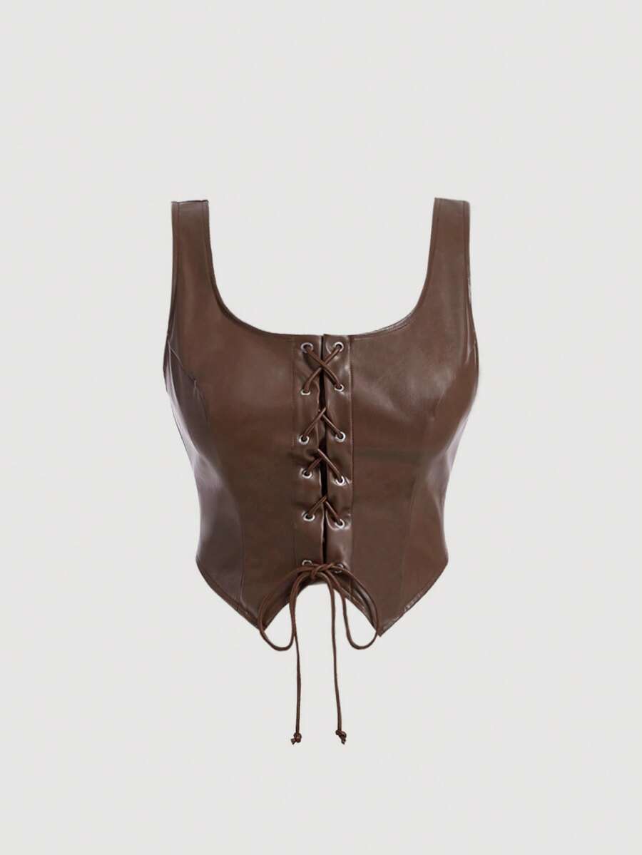 SHEIN MOD Plus Size Women's Eyelet Buttons Asymmetrical Hem Front Tie Matte Premium Leather Tank Top,Tank Top Wearable Inside And Outside - Brown - View 1