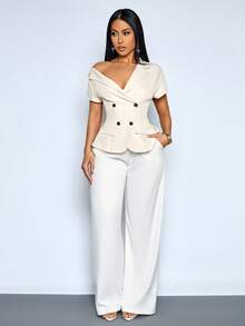 SOLERSUN Blazer Feminino de Manga Curta com Colarinho Assimétrico e Ajuste Slim, Modelo Elegante para Escritório e Uso Diário, Blazer Slim-Fit para Escritório/Festa para Mulheres - Damasco - Visão 6
